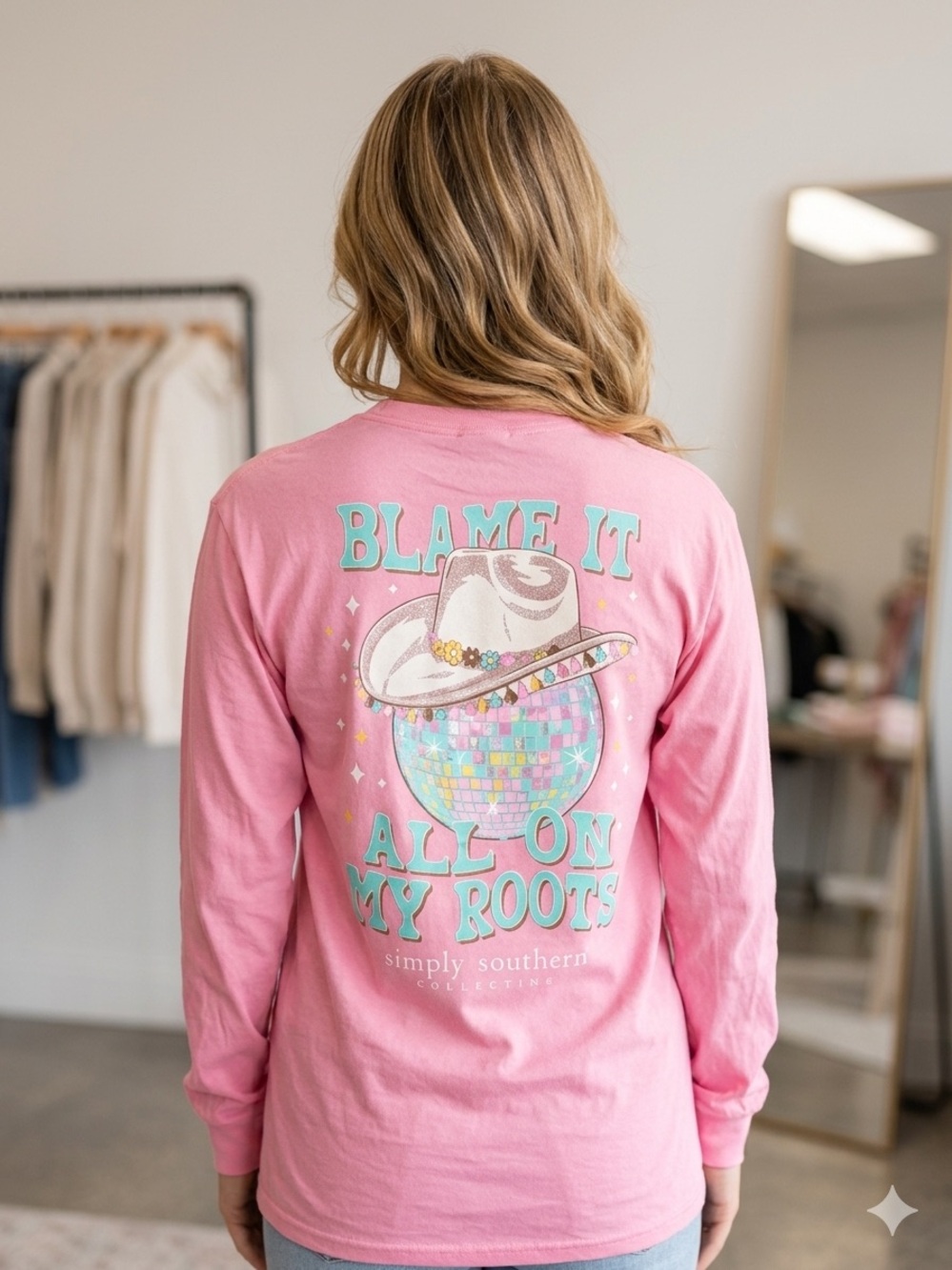 Simply Southern Western Pink Long Sleeve Tee with Turquoise & Pastel Graphic